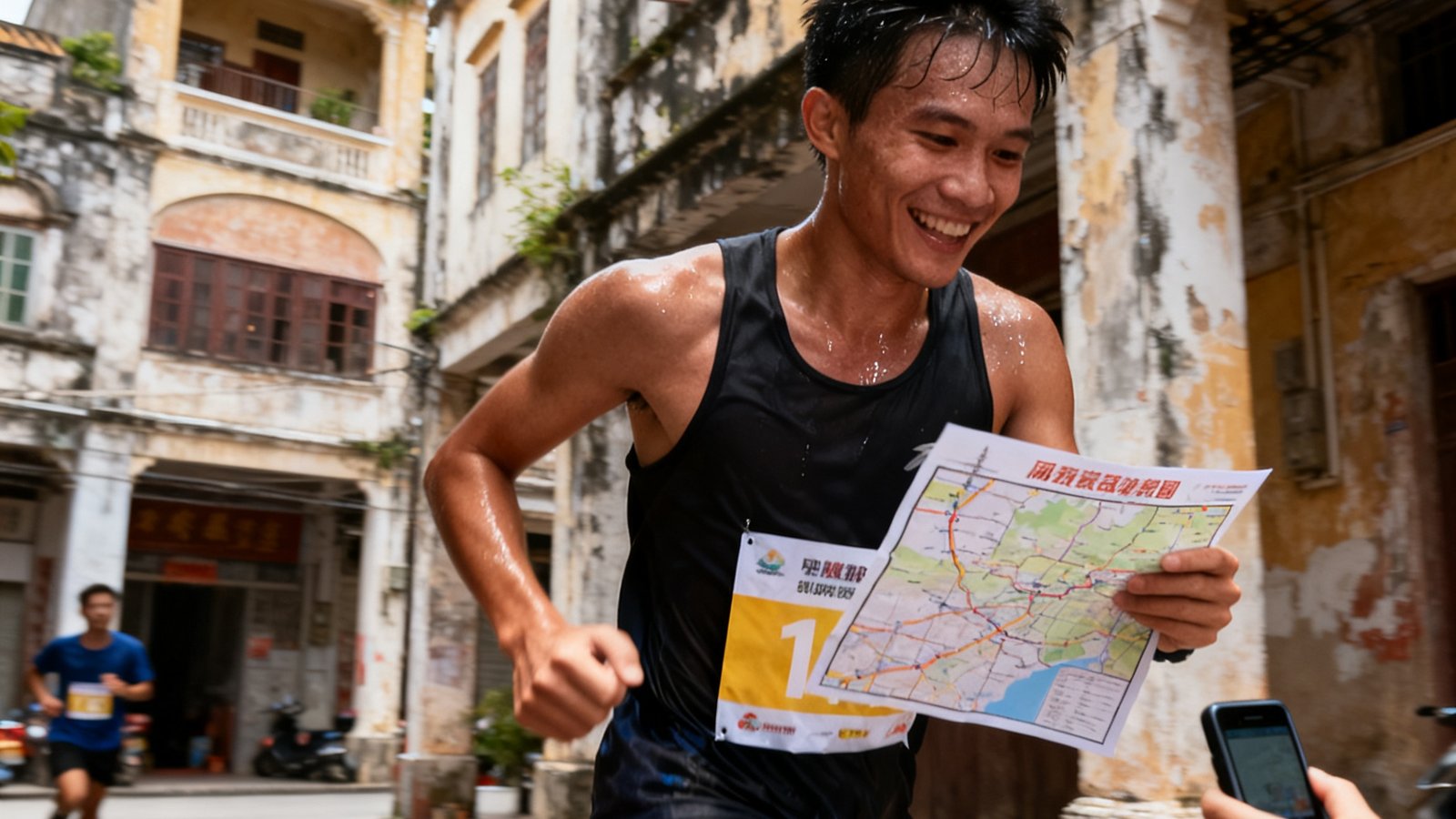 城市定向赛的选手们手持比赛地图在老城区街巷中奔跑，身后是骑楼建筑和斑驳的墙面，一名选手正在扫码打卡，汗水与笑容交织。