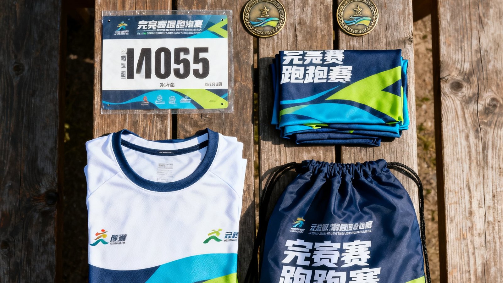 一张俯拍的产品展示图，马拉松赛事物资整齐排列在木质桌面上：防水号码布、金属完赛奖牌、折叠的参赛T恤和定制的完赛包，色彩统一而富有设计感。